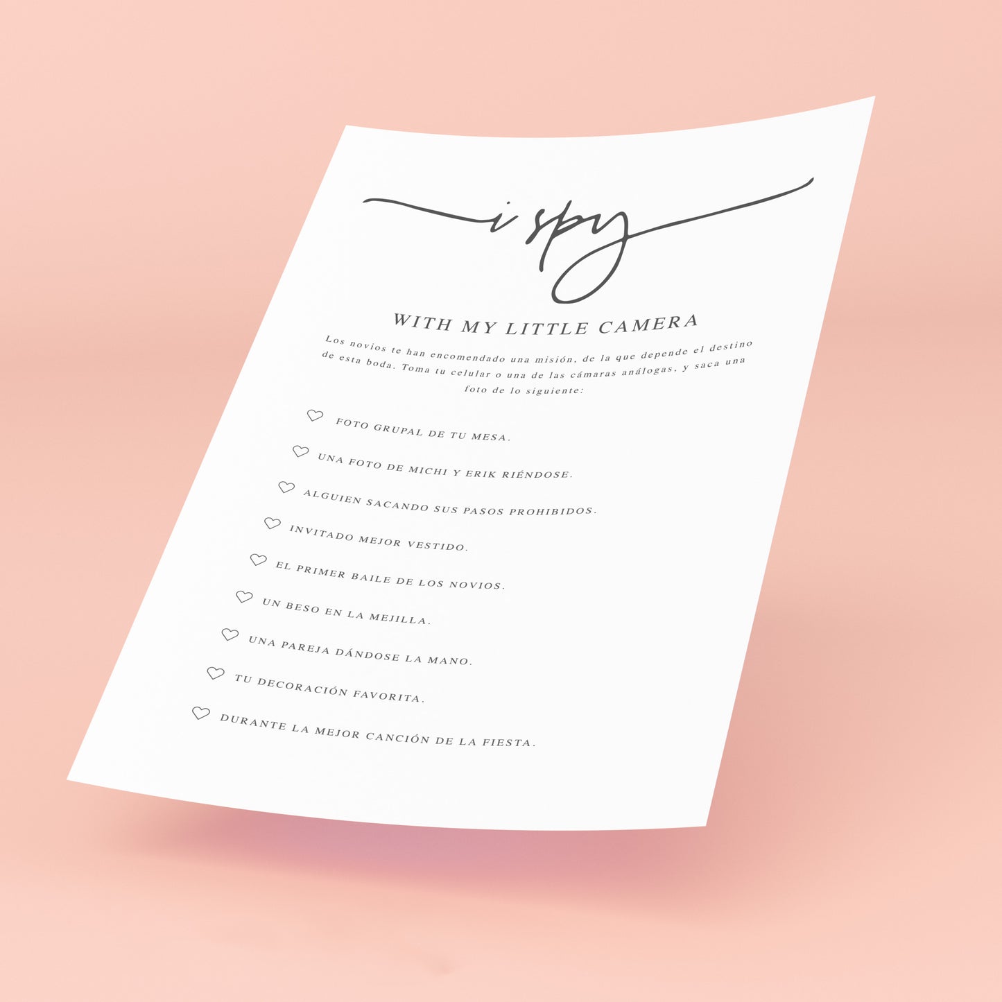 Lámina de Actividades o Capitán de Mesa Personalizada para Matrimonio