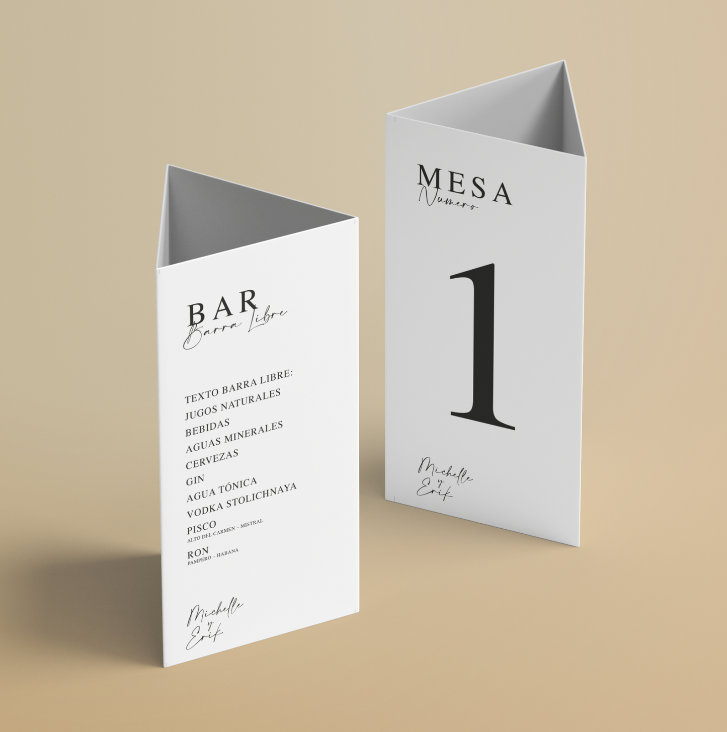Tríptico Número de Mesa + Menú + Bar para Matrimonio