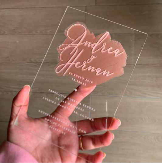 Invitación Acrílica Clear con Tinta Palo Rosa para Matrimonio