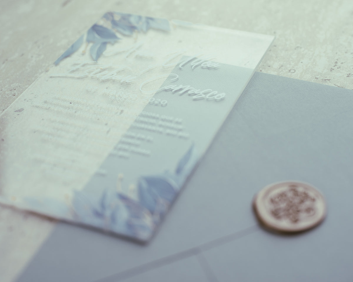 Invitación Acrílica Floral Blue Personalizada para Matrimonio
