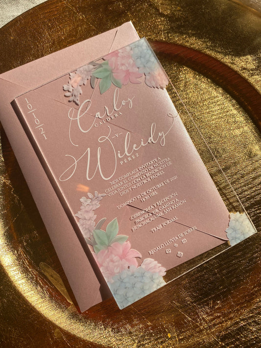 Invitación Acrílica Flores Difuminadas Personalizada para Matrimonio