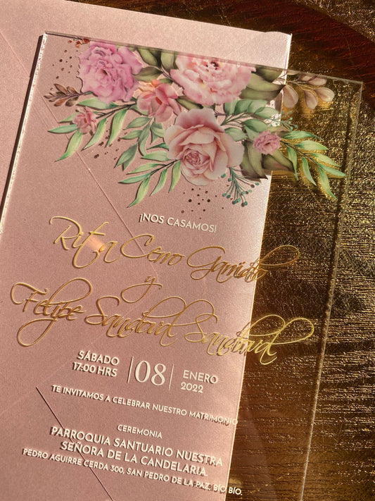 Invitación de Matrimonio Acrílico Flores | Invitación Acrílica Floral Elegante Personalizable