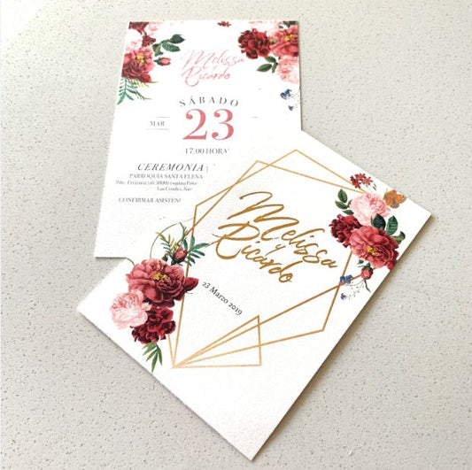 Invitación Floral Marco Geométrico – Invitación de Matrimonio Elegante y Romántica