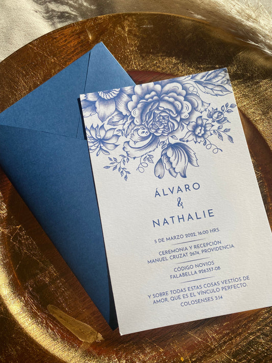 Invitación de Matrimonio Peonia Azul | Diseño Floral Elegante Personalizable