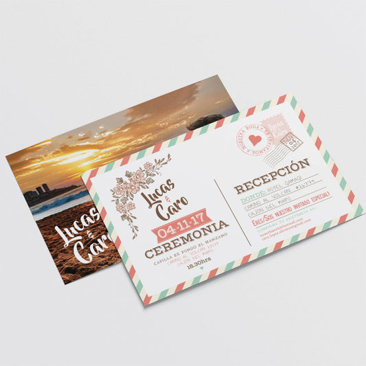 Invitación de Matrimonio Postal | Invitación Temática Viajes Estilo Vintage Personalizable